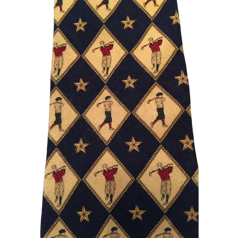 Tommy Hilfiger Men's Tie Italian Silk Novelty Vintage Golfer Blue Gold 57